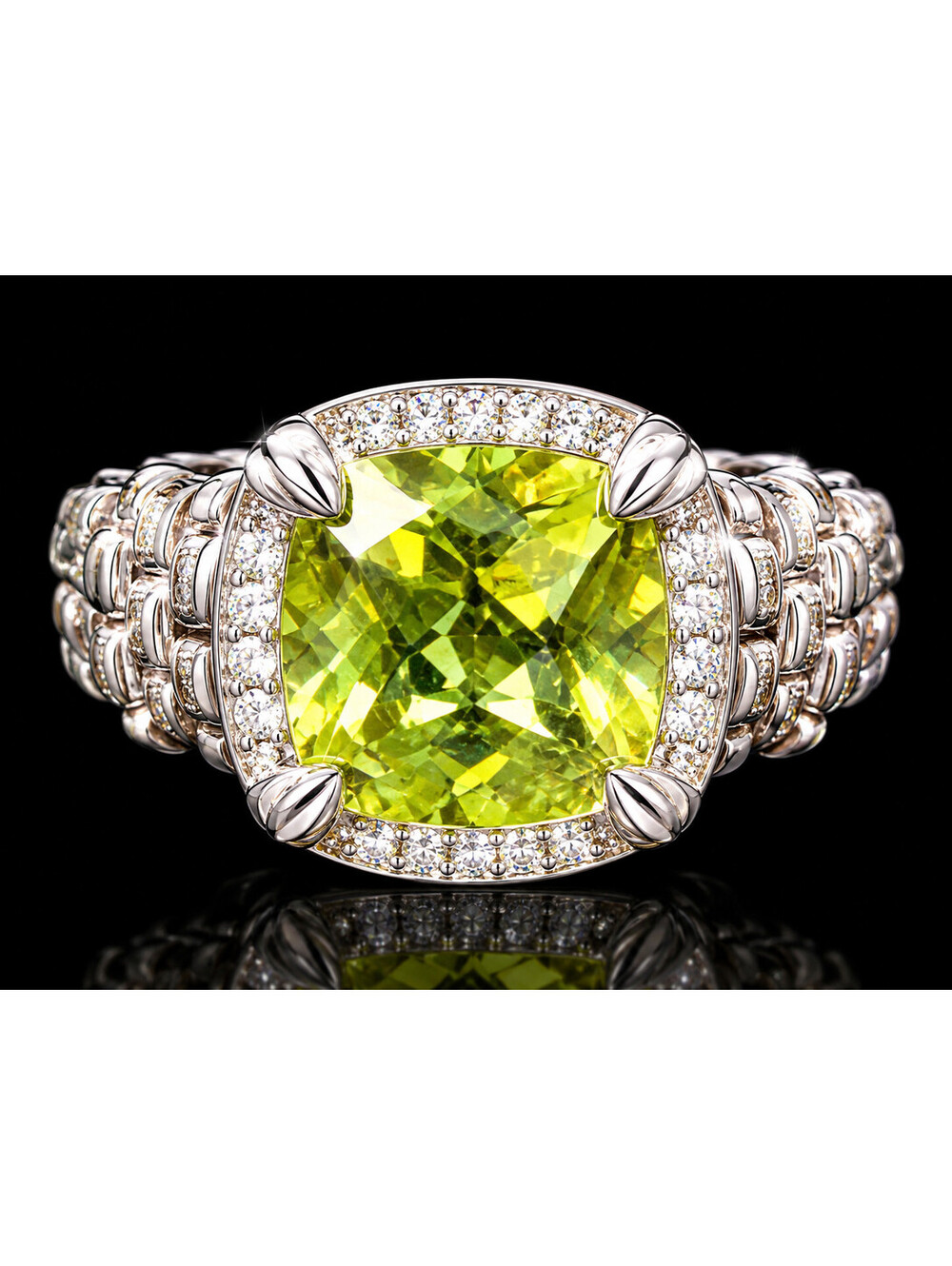 JAI John Hardy Sterling Silver 6.00ct Lemon Quartz Cushion Ring w/ Halo Size6NEW